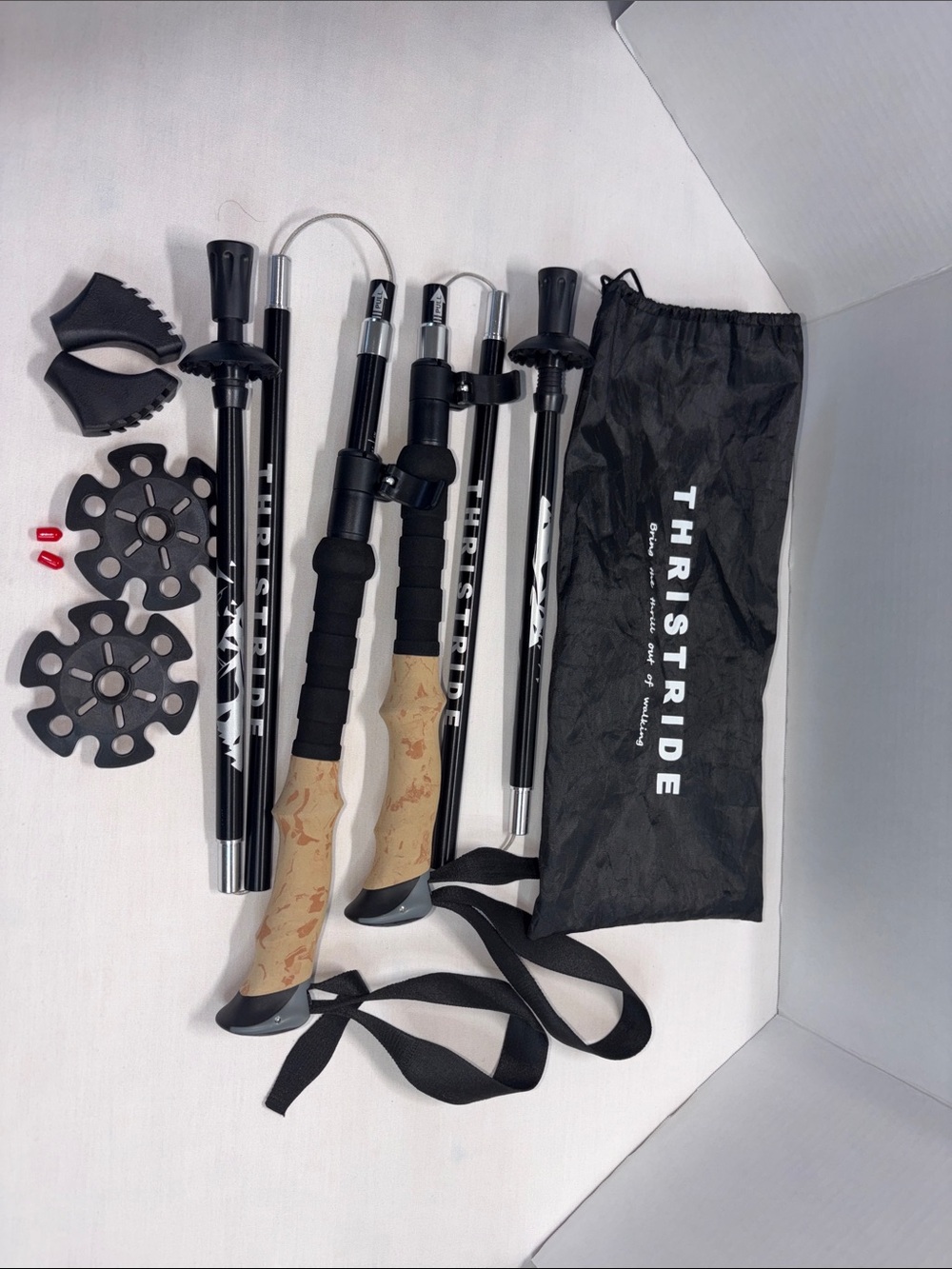 THRISTRIDE Men's Black Folding Trekking Poles with Cork-Grip Handles